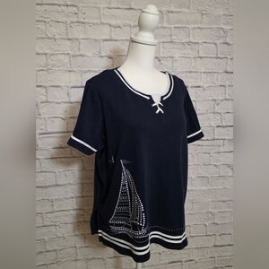 Alfred Dunner Navy Short Sleeve Tee with White Accents